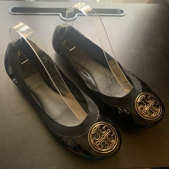 Tory Burch Shoes - Sold Tory Burch Black Vinyl Ballet Flats Size 9.5 Gold Black Hardware Clean